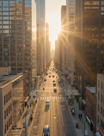City street lined with skyscrapers at golden hour