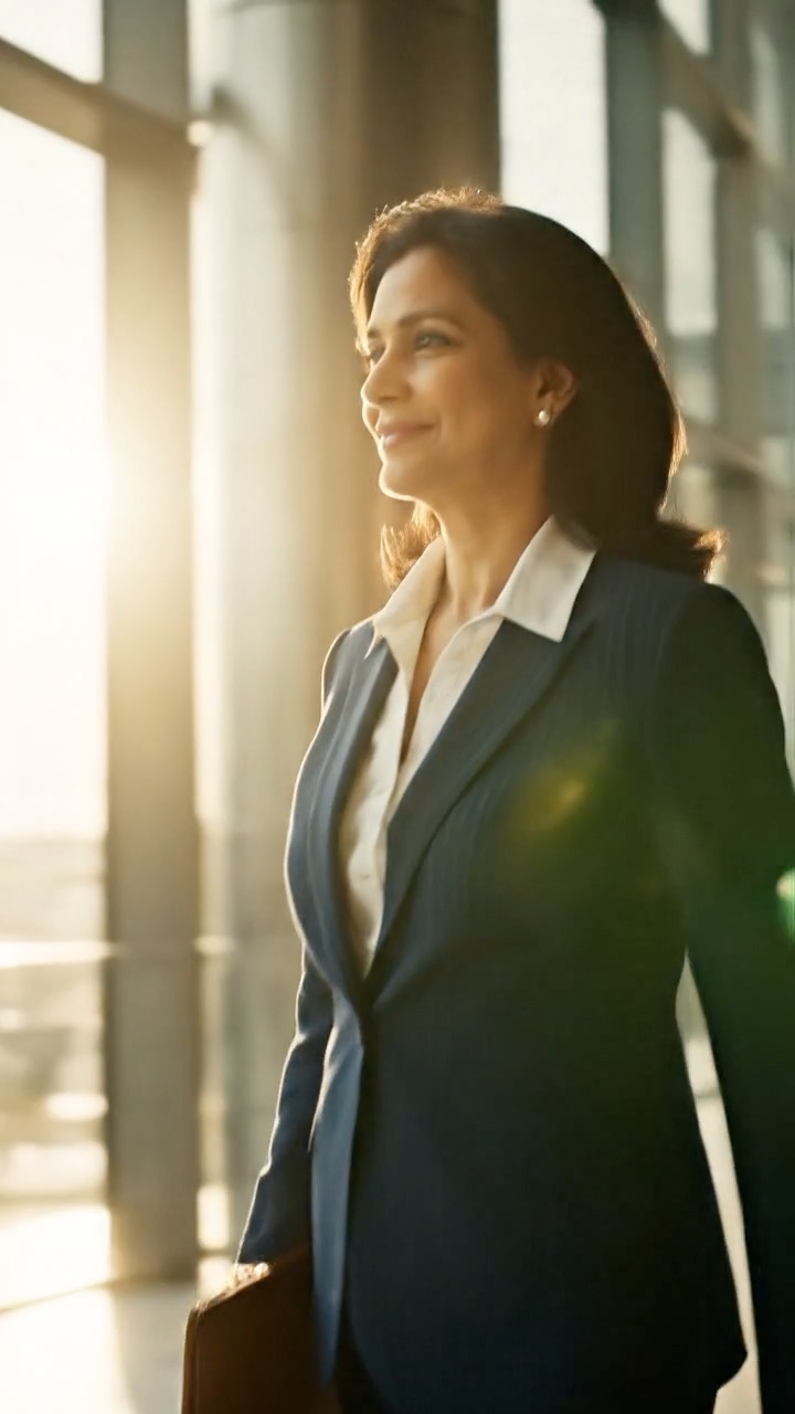 Businesswoman walking through an office hallway during a corporate video shoot