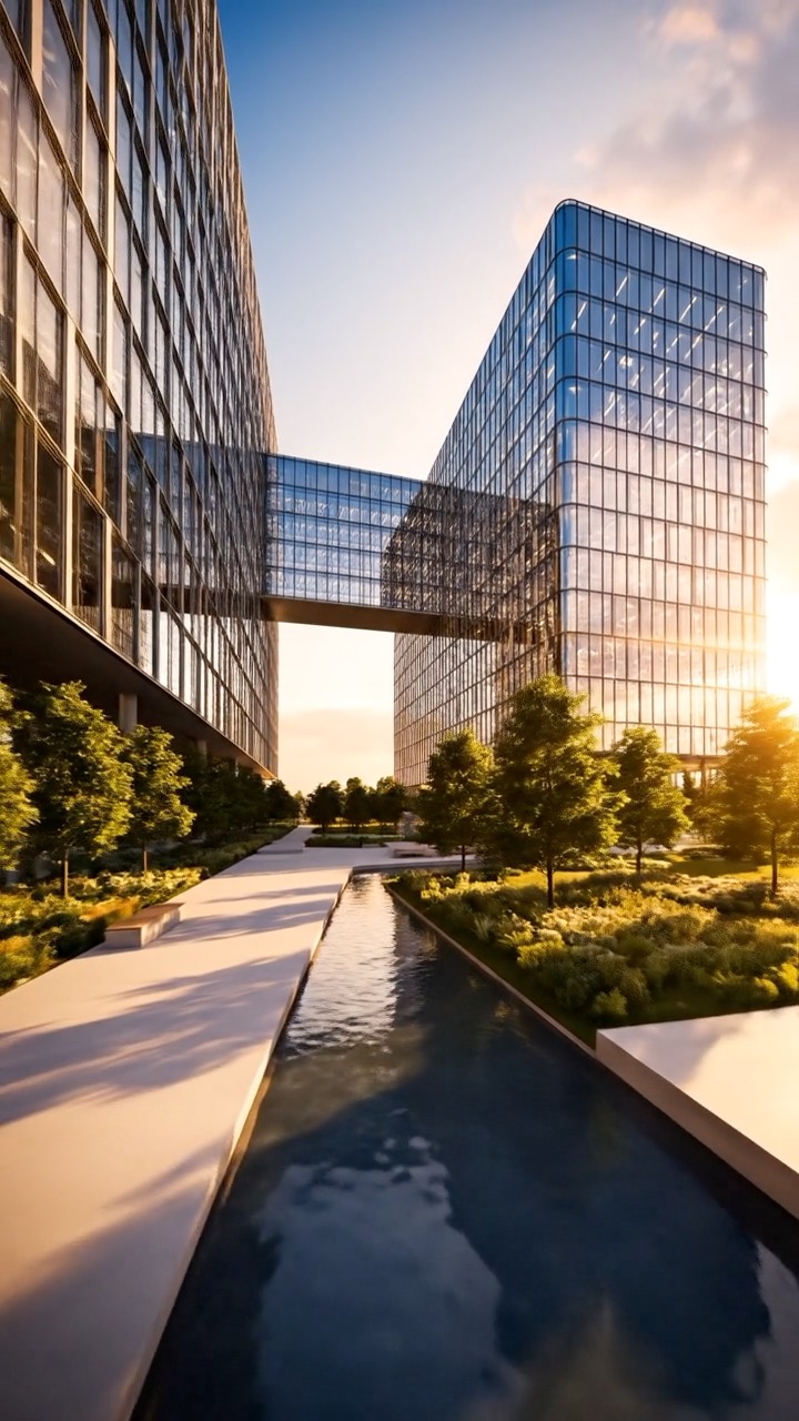 Glass tech campus exterior at golden hour, a filming location for corporate video production